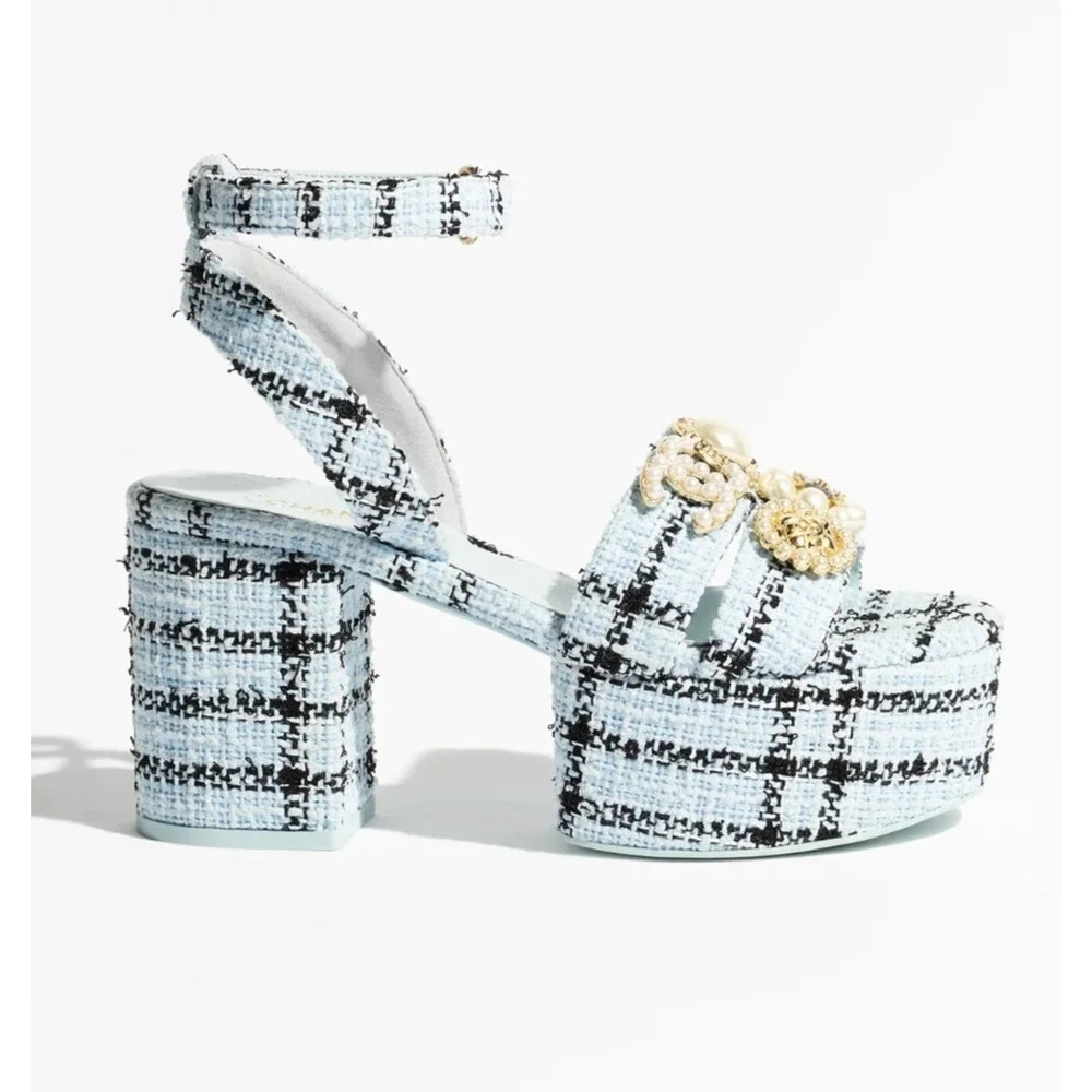 Chanel 25S Blue Black Tweed Pearl CC Logo Platform Strap Block Heel Sandal 40